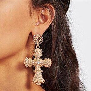 ✨ Big Glitter Cross Dangle Earrings | Crystal Rhinestone Drop Statement Jewelry